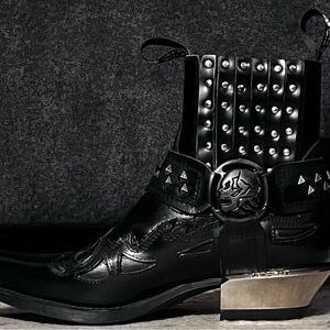 Men's Black Studded Leather Cowboy Boots